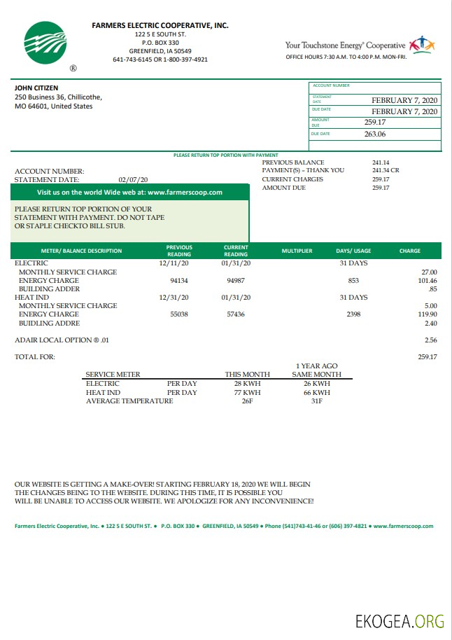USA Ohio Farmers Electric Cooperative utility bill template in Word and PDF format, version 2